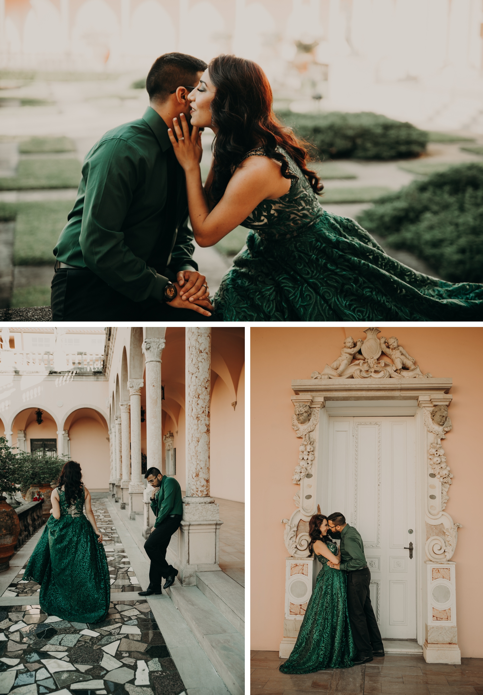 emerald green engagement dress, ringling museum engagement session, juju photography Sarasota engagement photography